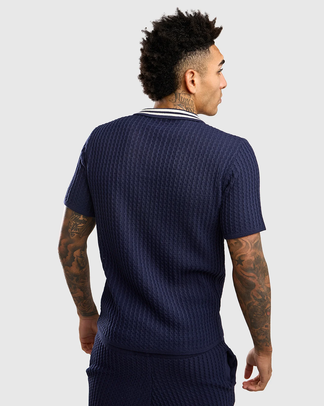 NFFC Navy Cable Knit Open Collar Polo - Image 4