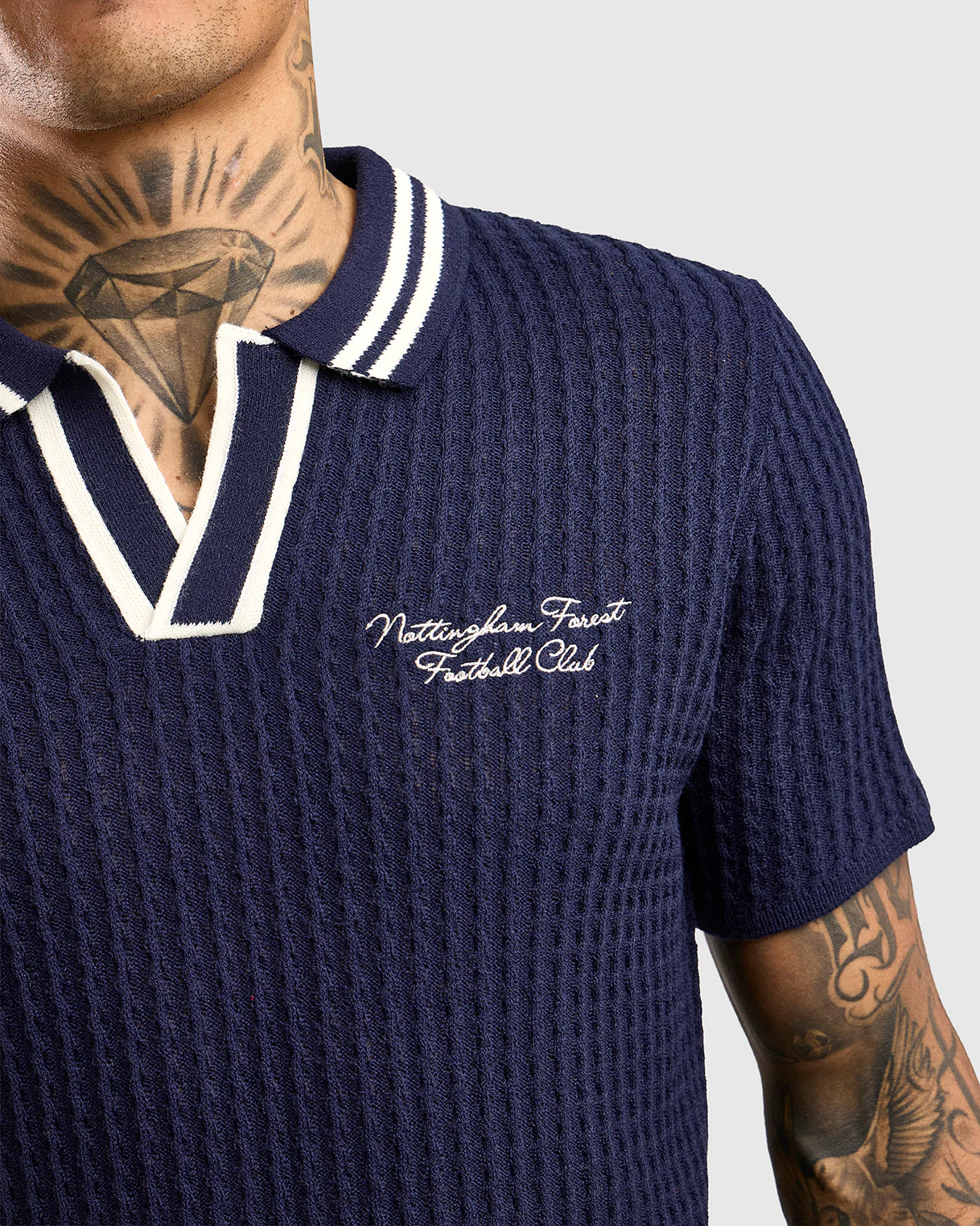 NFFC Navy Cable Knit Open Collar Polo - Image 5